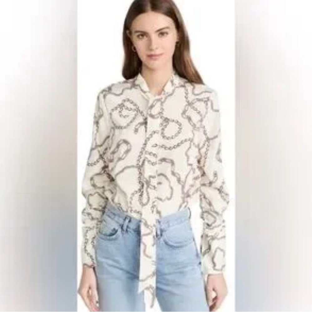 Veronica Beard Cream Chain-Print Tie-Neck Blouse 2